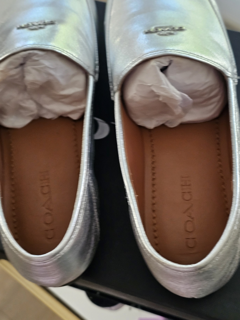 COACH Women's Metallic Silver Leather Slip-On Loafers